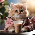 Cute ginger kitten in a pink jacket with a cup of coffee Royalty Free Stock Photo