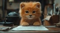 A cute ginger kitten sits at a desk, looking at a piece of paper with a serious expression Royalty Free Stock Photo
