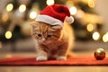 Cute ginger kitten wearing santa hat playing Christmas tree ornament, Christmas and cat concept background. Generative AI Royalty Free Stock Photo