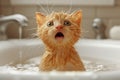 Cute ginger kitty taking bath in bathtub at home, he is shocked and scared. Pet hygiene concept. Royalty Free Stock Photo
