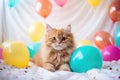 Cute ginger persian kitten lying on the bed with colorful balloons, Cute ginger cat with colorful balloons on bed. Fluffy pet, AI