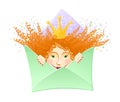 Cute ginger princess girl in the envelope. Letter mailing concept. Design for invitation or greeting card