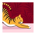 Cute ginger tabby cat stretching at cozy home. Kawaii pet, animal. Design concept for poster, postcard, print. Vector