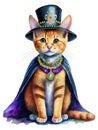 Cute ginger tabby kitten in a chic cloak, elegant hat for New Years, Valentine\'s Day.