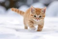 Cute ginger tabby kitten in a snowy winter landscape with falling snow and soft lighting