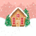 Cute gingerbread houses landscape with Christmas trees and snow vector illustration. Festive design for dreeting cards