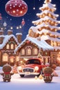 The cute gingerbreads with acorn car, in a cute christmas night, house with snow capped, cartoon, digital anime art, fantasy