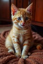 Cute gingers kitten sitting on the bed and looking at camera. Royalty Free Stock Photo
