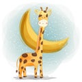 Cute giraffe with beautiful moon watercolor illustration design
