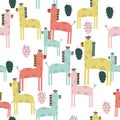 Cute giraffe and cactuses seamless pattern