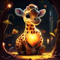 Cute Giraffe Calf hugging heart Giraffe with heart in the forest, 3d illustration. Generative AI Royalty Free Stock Photo