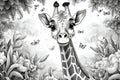 Cute giraffe cartoon style in black and white colors for drawing coloring book. Generative AI Royalty Free Stock Photo