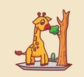 cute giraffe eating leaf. cartoon animal food concept Isolated illustration. Flat Style suitable for Sticker Icon Design Premium Royalty Free Stock Photo