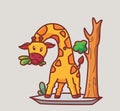 cute giraffe eating leaf from tree. cartoon animal food concept Isolated illustration. Flat Style suitable for Sticker Icon Design Royalty Free Stock Photo