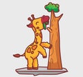 cute giraffe eating a leaf on the tree. cartoon animal nature concept Isolated illustration. Flat Style suitable for Sticker Icon Royalty Free Stock Photo