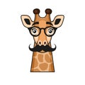 Cute Giraffe Face with Eyeglasses and Mustaches on White Background. Vector