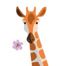 Cute giraffe with flower, wild safari africa animal, portrait, isolated. Design for logo, book, poster, card. Funny