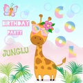 Cute giraffe in glasses and the butterfly.Children`s print on clothes, greeting card, party invitation. Hand drawn vector