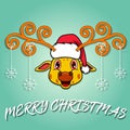 Cute Giraffe Head Cartoon Christmass Card. Wearing Hat and Funny Christmas. Royalty Free Stock Photo