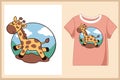 Cute giraffe mascot cartoon t-shirt design with clothes preview