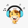 Cute Giraffe mascot listening to music