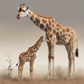 A cute Giraffe mother standing with his baby