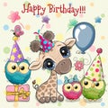 Cute Giraffe and owls with balloon and bonnets