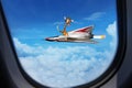 Hello from giraffe pilot race airplane, wave hand Royalty Free Stock Photo