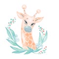 Cute giraffe portrait in leaves for kid fashion prints, nursery design Royalty Free Stock Photo