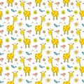 Cute Giraffe Seamless Pattern, Cartoon Hand Drawn Animal Doodles Vector Illustration