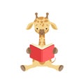 Cute giraffe sitting on the floor and reading book, funny jungle animal cartoon character vector Illustration on a white Royalty Free Stock Photo