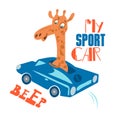 Cute giraffe travels in sport car. Slogan letters written by hand. Fancy font funny illustration for print. Vector