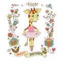 Cute giraffe with vintage frame of flowers. Royalty Free Stock Photo