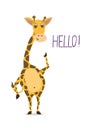 Cute giraffe with waving hand and word Hello. Flat design for ca