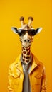 Cute giraffe wearing clothes and glasses. on yellow background. Generative AI