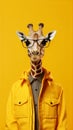 Cute giraffe wearing clothes and glasses. on yellow background. Generative AI