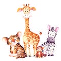 Cute giraffe, zebra, tiger and monkey cubs.