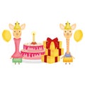 Cute giraffes couple with gifts and cake in birthday party