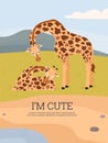 Cute giraffes mother and baby in greeting card template flat vector illustration.