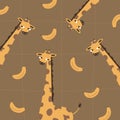 Cute giraffes and yellow bananas. Cartoon giraffe and banana rain.