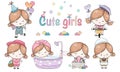 Cute girl activities Designed in sweet tones Doodle style