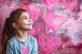 Cute girl aganist child painted pink hearts background