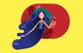 A cute girl with amazing long hair blowing and drying her hair with a hairdryer on a red and yellow background with leaves Royalty Free Stock Photo
