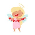 Cute Girl Angel with Blonde Hair and Gold Nimbus Holding Heart Garland Vector Illustration Royalty Free Stock Photo