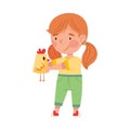 Cute Girl Artist with Handcrafted Paper Chicken Vector Illustration