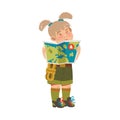 Cute Girl as Junior Scout Standing and Examining Map Vector Illustration