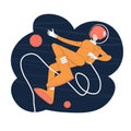 Cute girl astronaut hanging in the starry space. Cosmonaft woman in an orange spacesuit. Flat design vector illustration Royalty Free Stock Photo