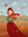 Cute girl with autumn leaves. Character. Vector illustration Royalty Free Stock Photo