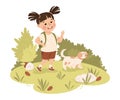 Cute Girl with Backpack and Dog Hiking and Trekking Exploring Nature Vector Illustration Royalty Free Stock Photo