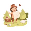 Cute Girl with Backpack Hiking and Trekking with Map Exploring Nature Vector Illustration